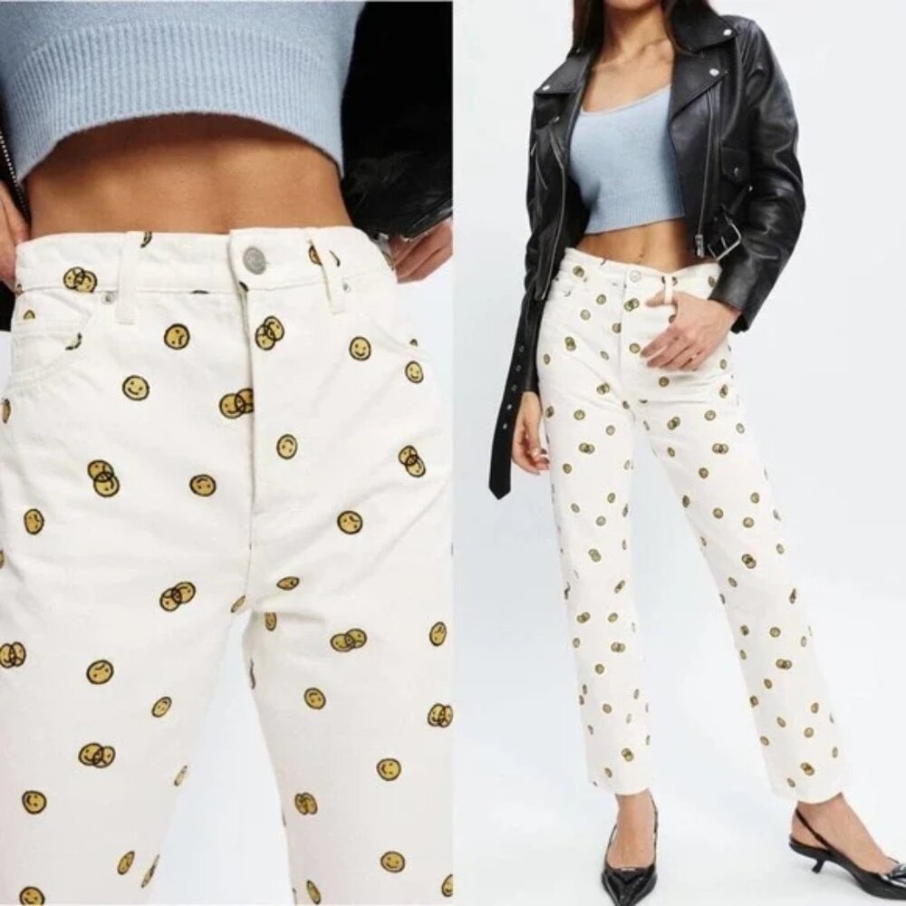 REFORMATION Mixed Emotions High Rise Straight Leg Smiley Jeans 26 Vintage White